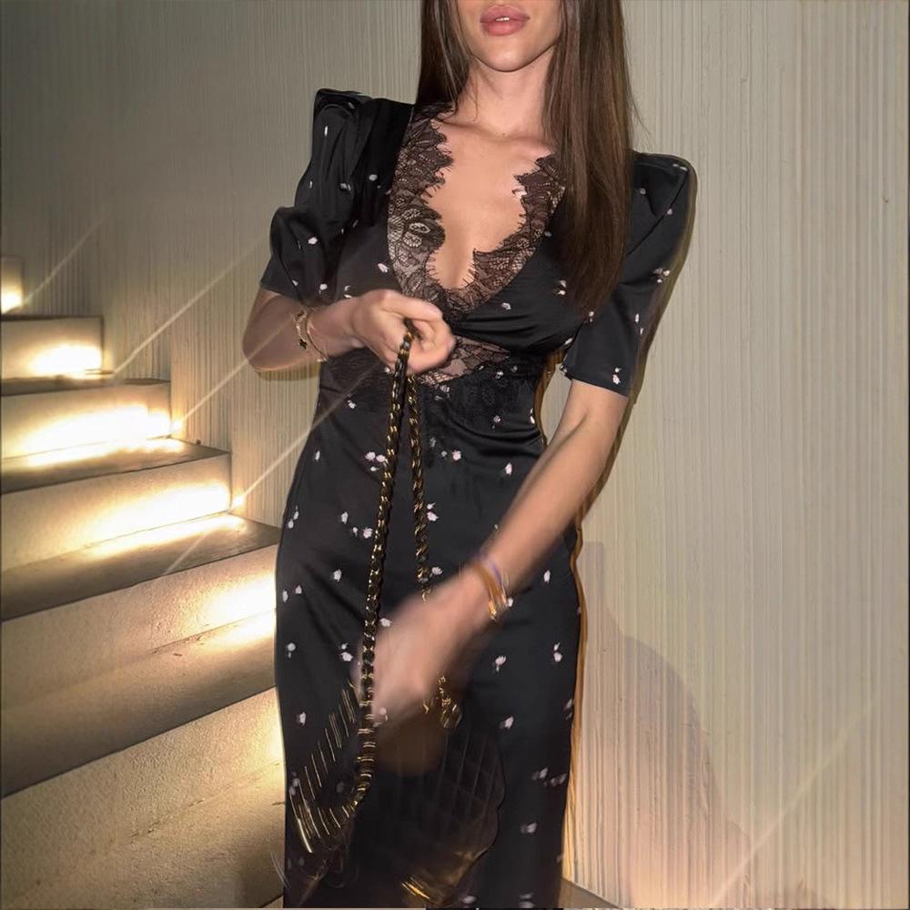 Polka Dot Backless Sexy Maxi Dress Women Gown Elegant Patchwork Lace Hollow Out Deep V Neck Sleeveless Bodycon Club Party Dress