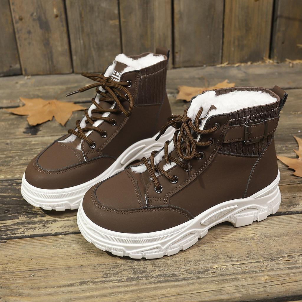 Im Winter 2025 die neuen Samt-verdickten High-Top-Damenstiefel, europäische und amerikanische Übergrößen-Samt-Warm-Baumwollschuhe und Plateaustiefel.