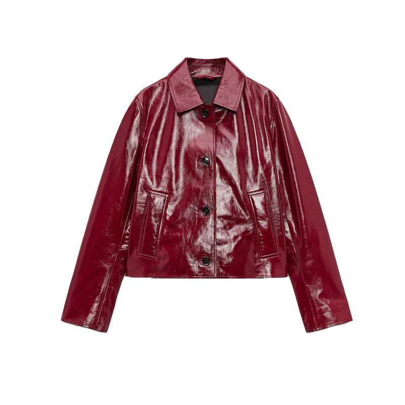 

Spring New Women s Clothing Fashion Loose Decorated Row Button Leather Long Sleeves Lapel Jacket 5479048 Bright Red L