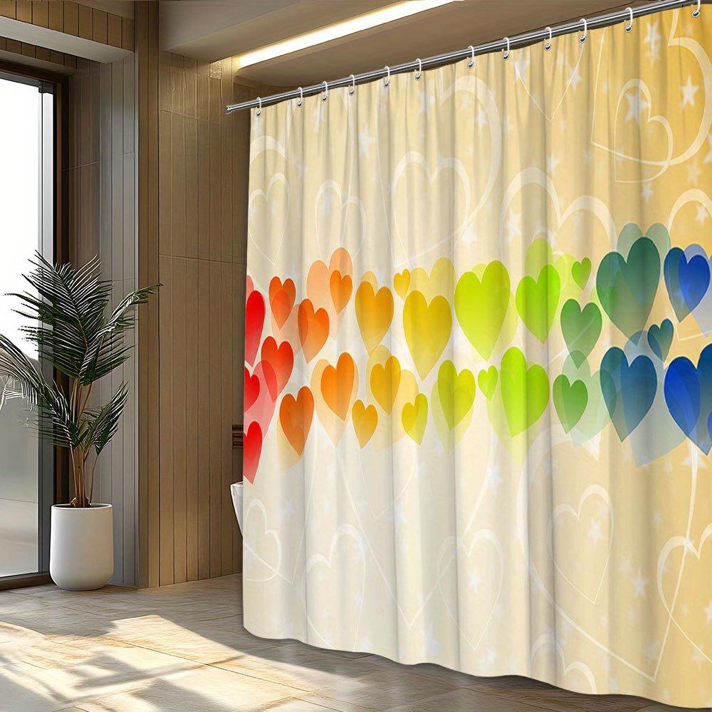 1pc Whimsical Heart Shower Curtain - Rainbow Gradient, Vibrant Glossy Hearts, Polyester, Playful Bathroom Decor