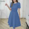 ZANZEA Women Casual Round Neck Summer Puff Short Sleeve Dress