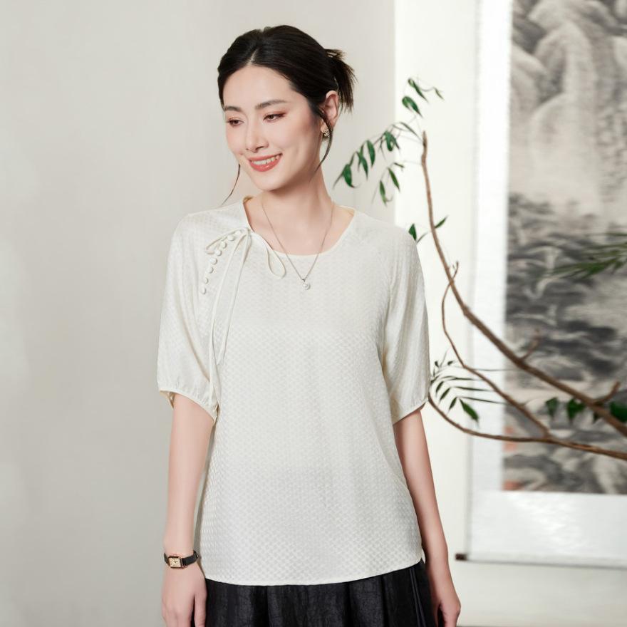 

Шелковая рубашка женская с рукавом средней длины тонкая рубашка лето новая мода жаккардовая рубашка из шелка-тусса XL