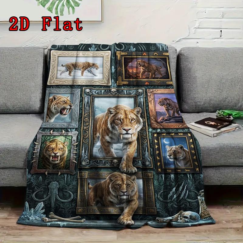 Prehistoric Feline Evolution 2D Flat Pattern Flannel Blanket, High Quality All Seasons, Home Decor, Warmth and Comfort, Perfect for Christmas Gifts.