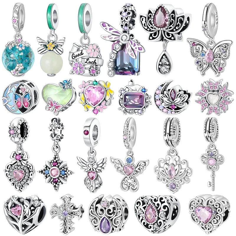 925 Silver Classic Purple Retro Heart Shape Lotus Angel Pattern Charms Beads Fit Necklace Bracelets Pendant DIY Jewelry