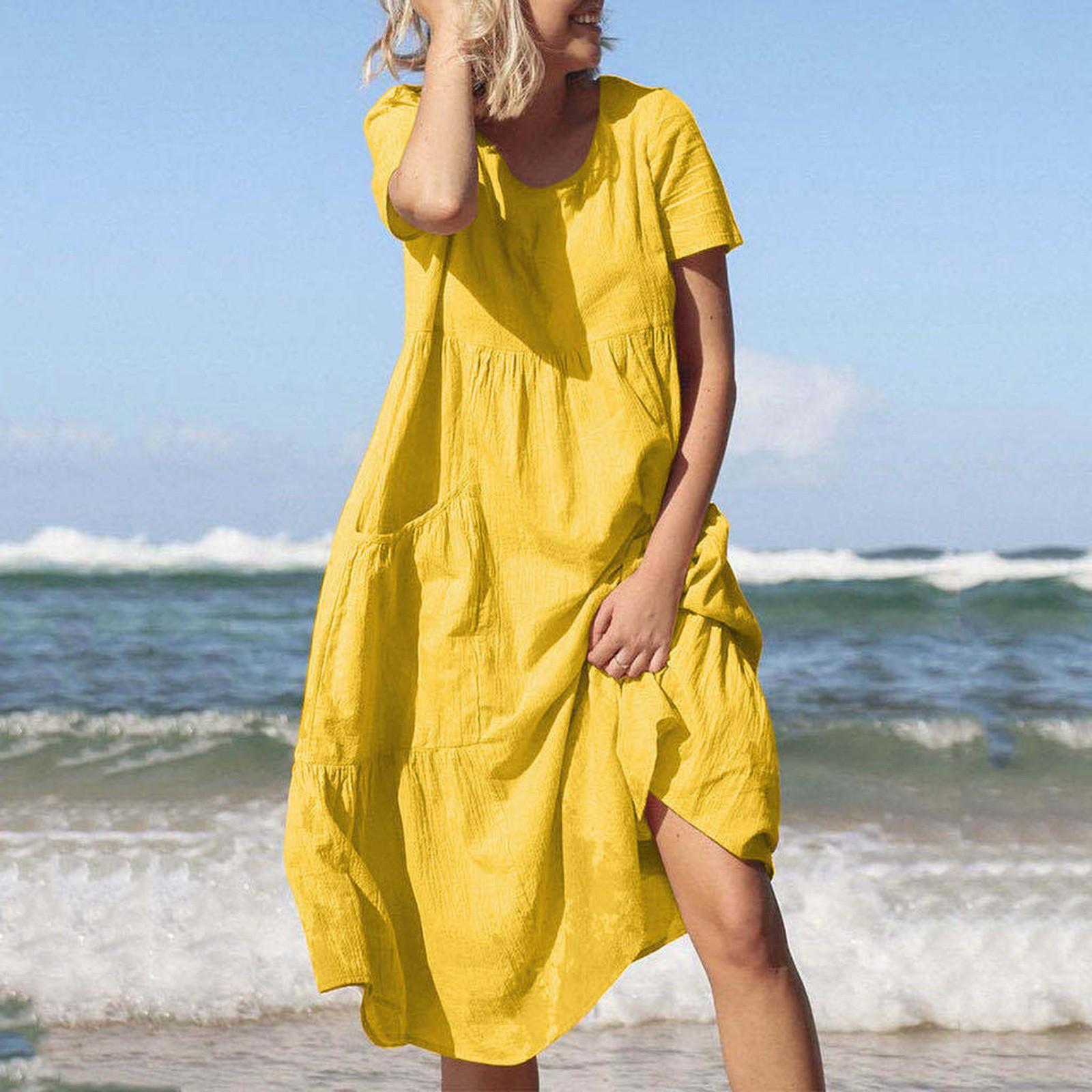 

Fashion Womens Color Round Neck Pockets Short Sleeves Comfy Casual Dress XXXL жовтий