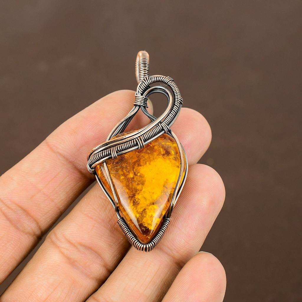 Baltic Amber Handmade Copper Wire Wrap Pendant 2.44" I5j81