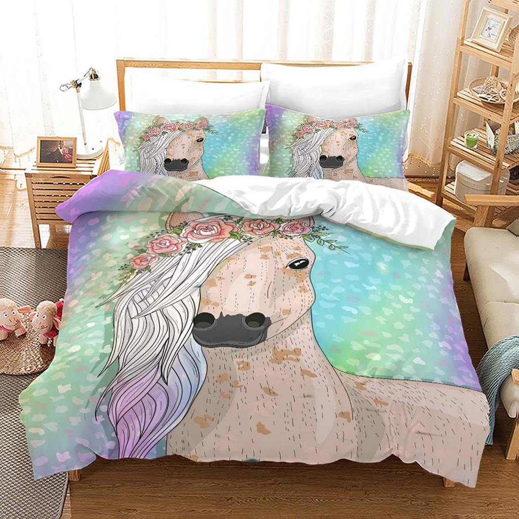 3D Horse Bedding Set Animal Duvet Cover Pillowcase 2/3pcs Birthday Gift AU210 * 240 Full Size Quick Drying Soft and Minimalist Style Home Textile