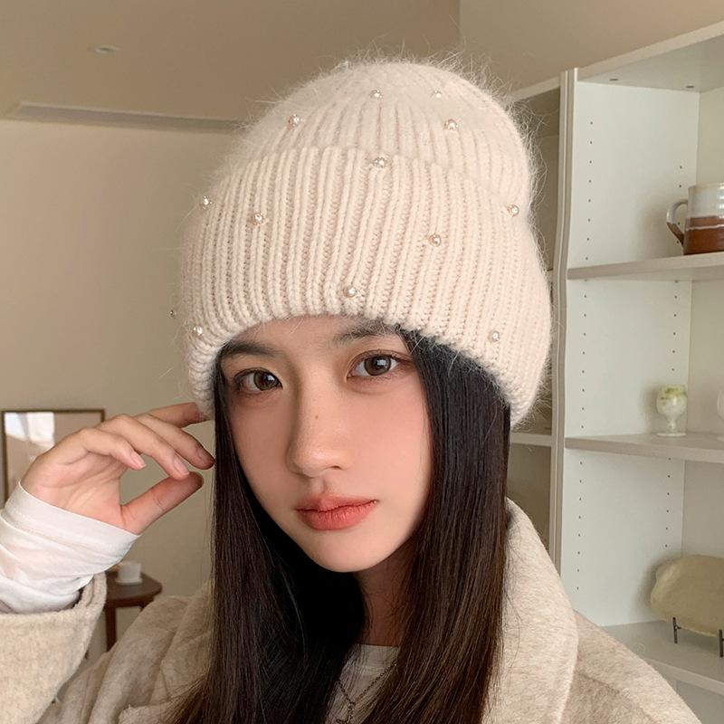 Neuer Perlen-Kaninchenhaar-Strickhut Damen Winter Outdoor Warm Mode Ohrenschützer Wollmütze
