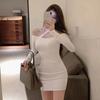 Suspender Neck One-word Shoulder Long-sleeved Dress Spring and Autumn Wear High-end Sexy Pure Desire Black Tight Hip Skirt