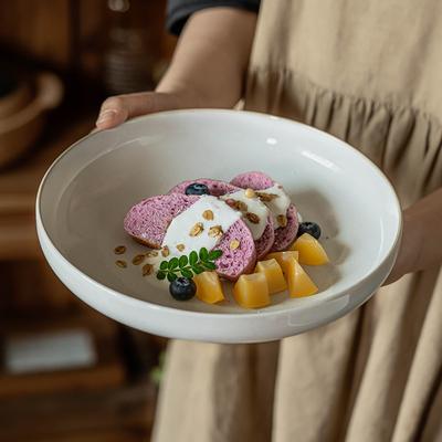 Deep Plate Round Plate Retro Style Solid Color Ceramic Plate Household Vegetable Plate Salad Plate High-End Tableware Plate