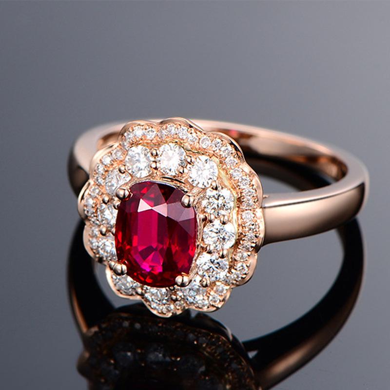 Flower-Shaped Pigeon Blood Ruby Ring with Full Diamond, Adjustable Rose Gold Plated Setting