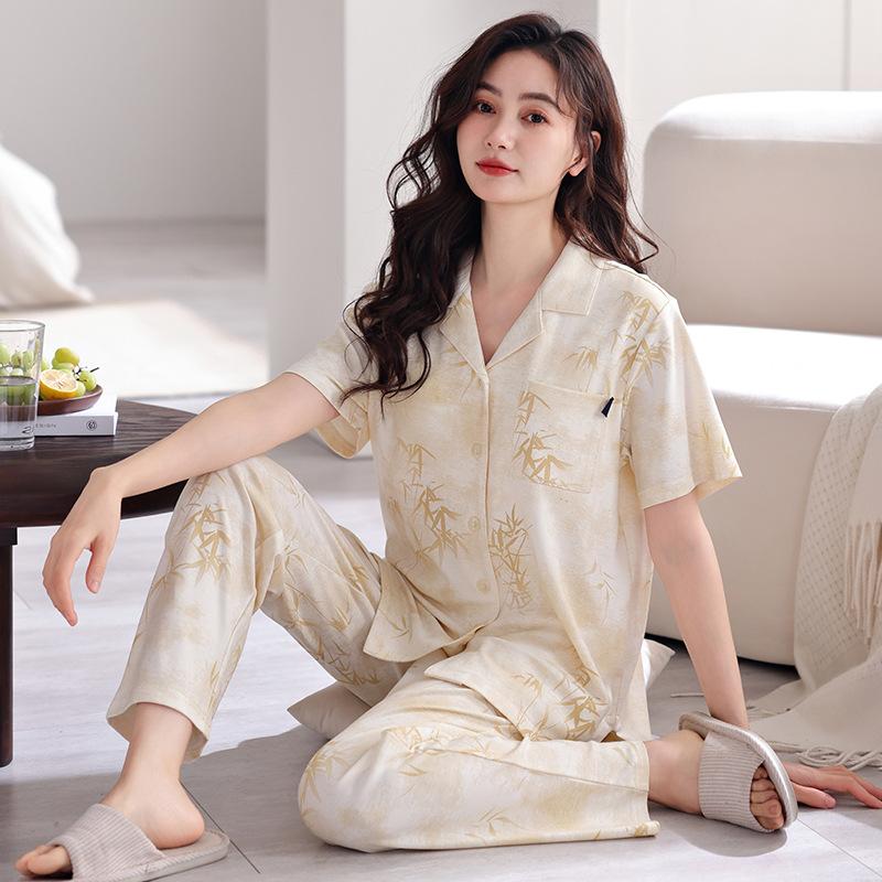 Pure Cotton Pajamas Women's Summer Short-sleeved Trousers with Chest Pads 1011 New Cardigan Can Be Worn Outside Loungewear Two-piece Set