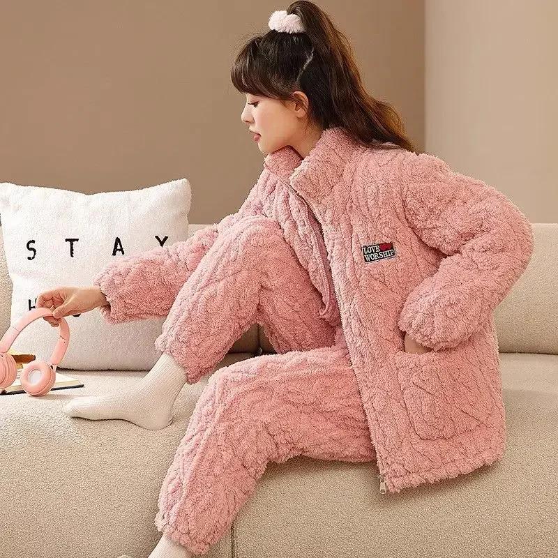 Sleepwear Women Winter Home Sleep Clothes Three Layer Thick Cotton Nightgown Flannel Coral Fleece Warm Coat Large Homewear Set