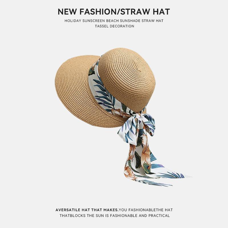 Fisherman Straw Hat Women's Big Eaves Bow Sun Protection Hat Beach Vacation Sun Hat UV Protection Straw Hat