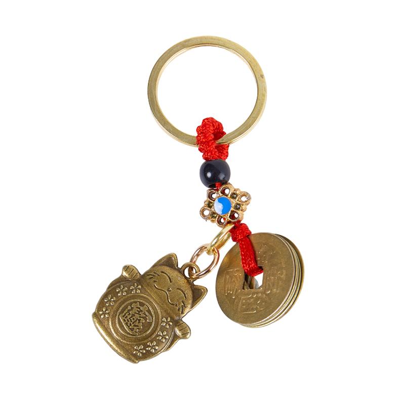 Lucky Cat Car Keychain Brass Five Emperor Coin Keychain Pendants Cute Animal Handmade Jewelry