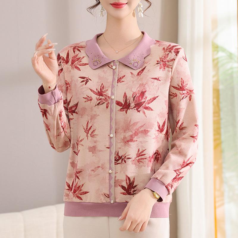 Elegant Floral Long-Sleeve T-Shirt for Middle-Aged & Elderly Women - New Chinese Style Top