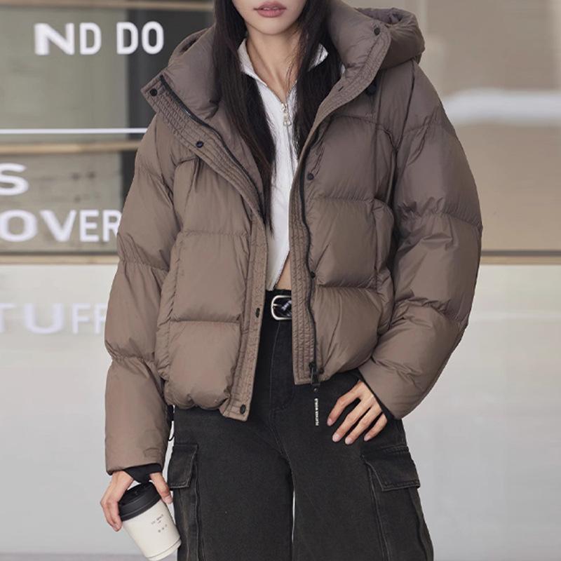 Winter Down Jacket Female White Duck Down Warm Stand Collar Short Puffer Jacket Simple Hooded Thickened Overcoat