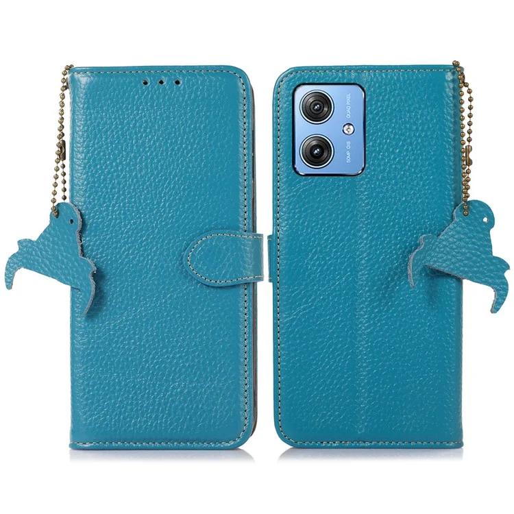

For Motorola Moto G64 5G Case RFID Blocking Genuine Cow Leather Phone Cover - Blue