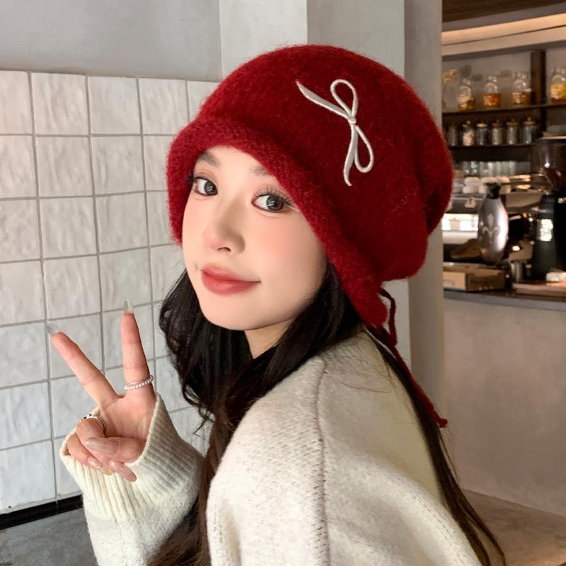 Sweet and Cute Bow Embroidered Knit Hat Autumn and Winter Versatile Warm Hat Outdoor Cold Protection Ear Protection Wool Hat