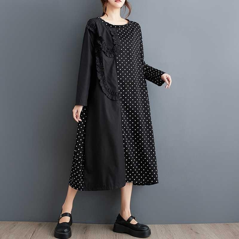 New Polka Dot Splicing Wood Ear Side Long Sleeve Dress Fashion Loose Casual A-Line Dresses