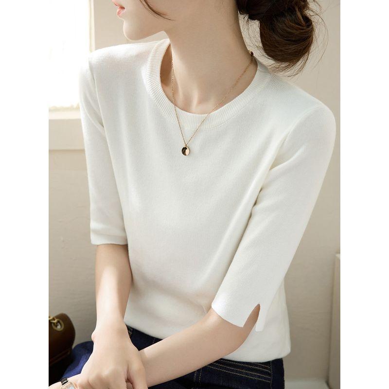 

2025 Spring & Fall New Arrival Classy French round Neck Shirt with Half Sleeve Knitwear Women s Wide Loose Shoulder Half Sleeve Black Tops Thin White [high quality fabric]] 2XL