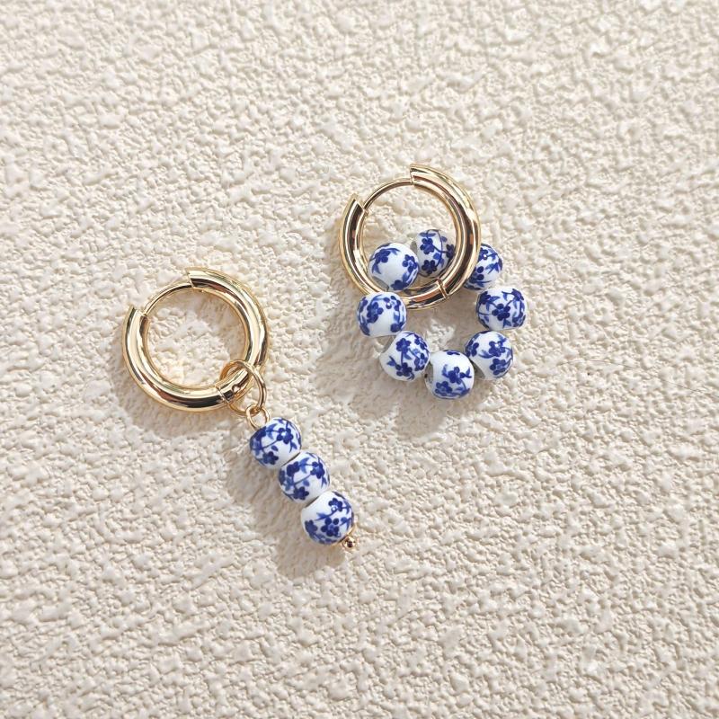1 Pairs Chinese Style Imitation Blue And White Heart Ceramic Pendant Earrings Stainless Steel Ear Buckle Accessories