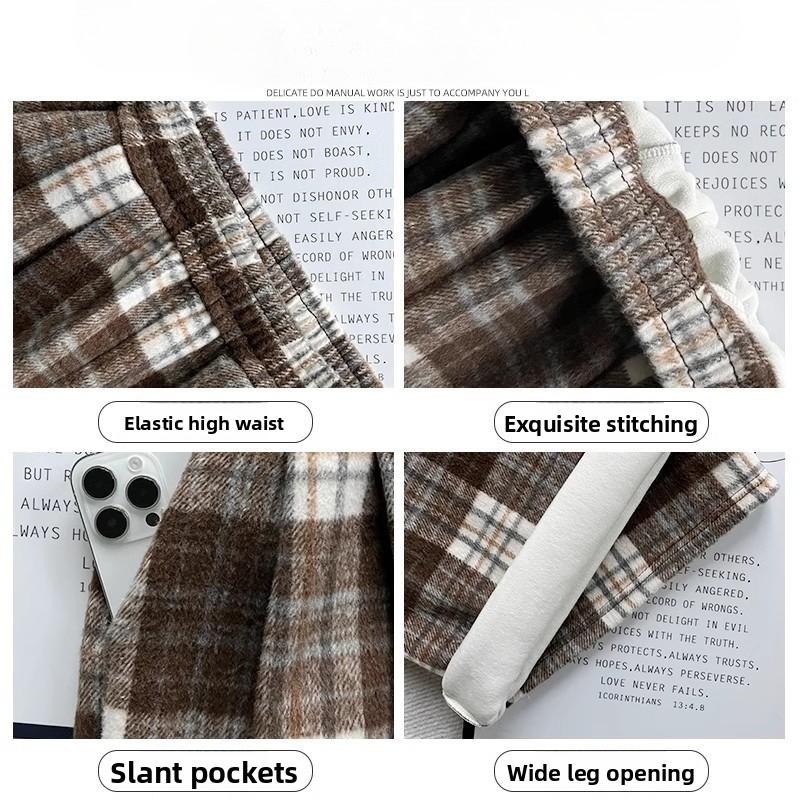 Ladies' Autumn and Winter High Waisted Woolen Plaid Wide Leg Pants, Casual Versatile, Casual with Plush Pants
