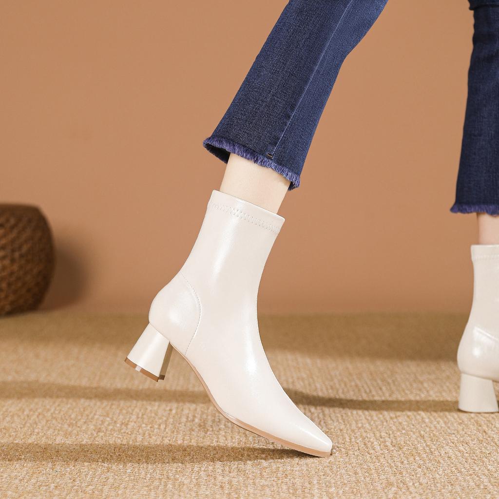 High-heeled Short Boots Women's Spring and Autumn Single Boots 2024 New Women's Boots Medium Tube Thin Pointed Fashion Boots Thick-heeled Leather Boo
