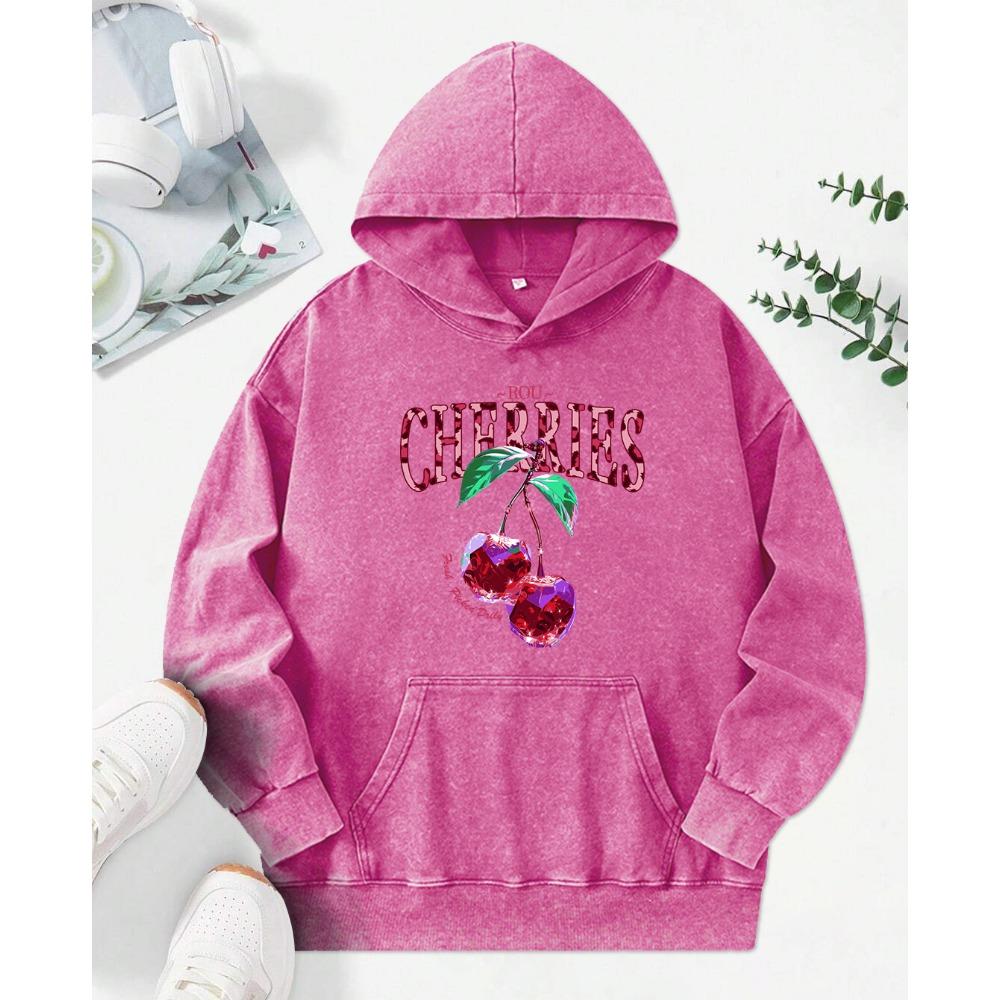 Crystal Cherries  Print Women Washed Hoodie Pocket Fashion Pullovers Multicolor Female Hoody Autumn Cotton Hoodies