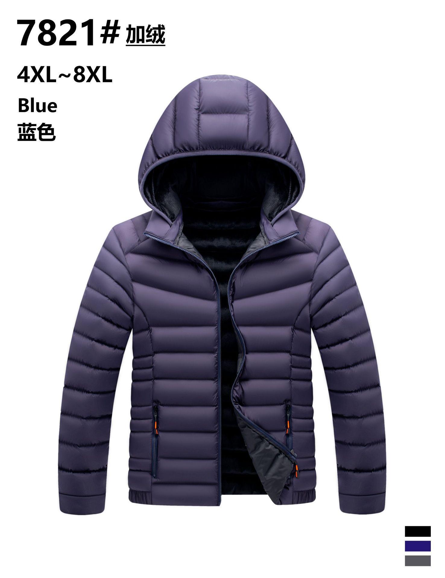 

2025 новая осенне-зимняя средней длины с капюшоном флисовая утолщенная мужская хлопковая куртка большого размера 8XL синий