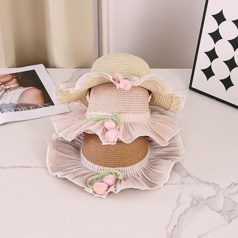 Children's straw hat summer sun hat girls straw visor idyllic princess sun hat seaside beach hat