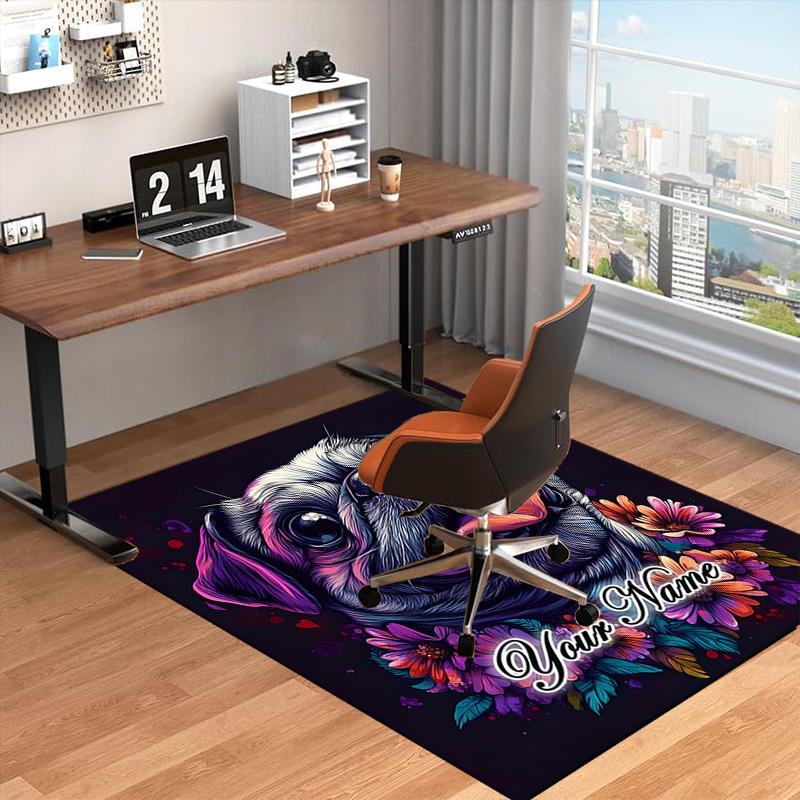 1PC Custom Name Pug Flowers Artwork Theme Floor Mat Ideal for Living Room, Game Rooms, Office, Bedroom,Floor Mat Playful Design