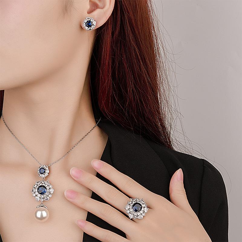Fashion Luxury Sapphire Jewelry Set for Women Inlaid Water Drop CZ Blue Gemstone Flower Pearl Pendant Necklace Ring Earrings