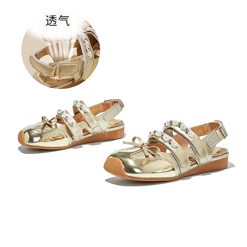 Leather Bag Head Sandals Women's 2025 Summer New Square Head Velcro Bow Mary Jane Shoes Rear Air German Training Shoes