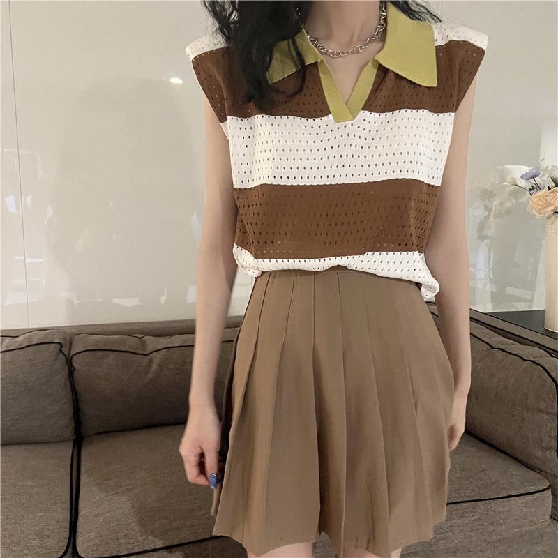 Loose Color Clashing Stripes Hollowed Out Lapel Knit Sweater Women Design Sense Sleeveless Shoulder Pads Tops Casual Essential Slim Fit Pullovers Tees