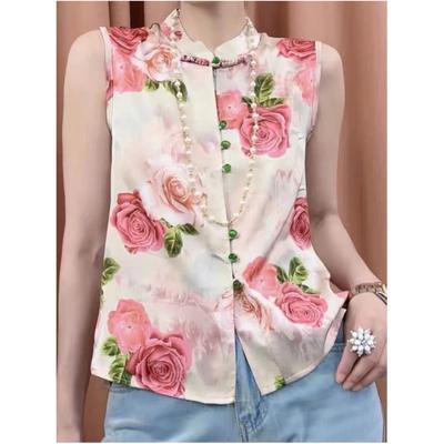Gilet da Donna Primaverile ed Estivo Stile Cinese con Bottoni a Disco Senza Maniche Design Vintage Top Stampato
