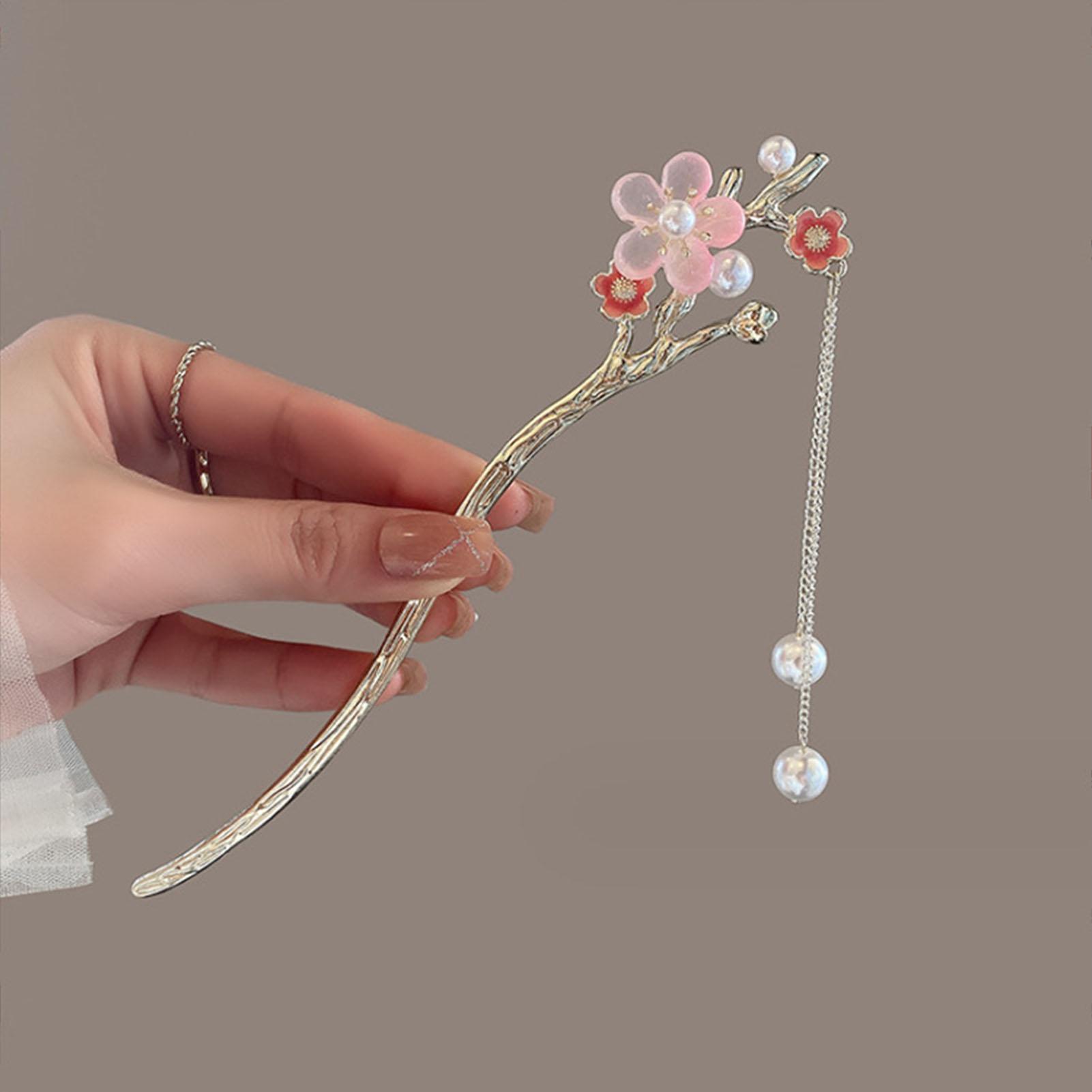 

Pink/White/Blue Flower Hair Sticks Gold Color Alloy Hair Pin Ancient Chinese Floral Headpieces Pearls Pendant Hair Jewelry розовый