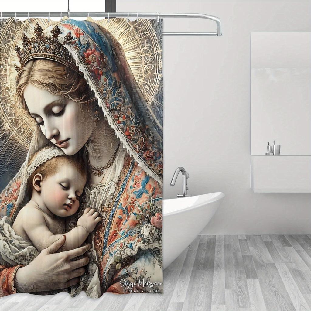 Detachable Virgin Mary Shower Curtain, Inspirational Design, Durable Bath Screen, Wet/Dry Separation, Polyester Bathtub Divider
