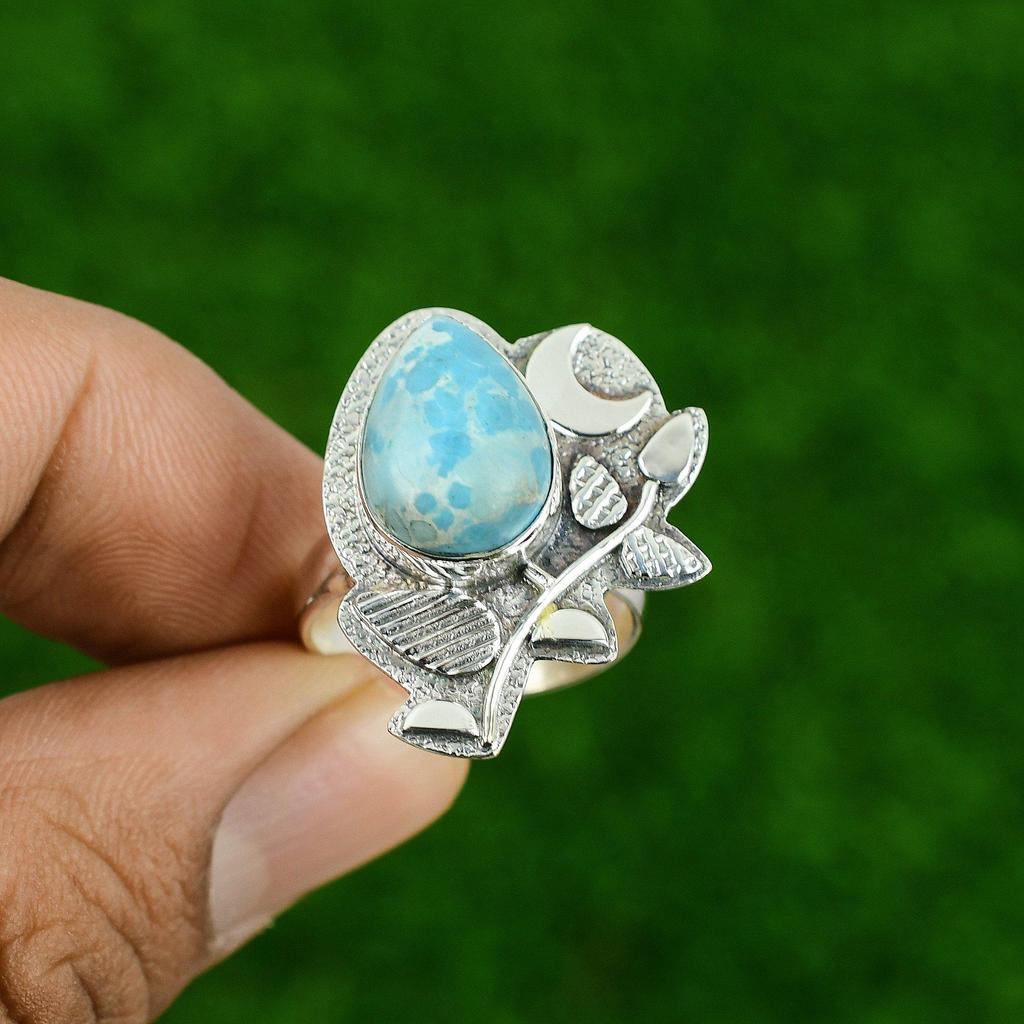 Sterling Silver Arizona Turquoise Gemstone Handmade Cescent Moon Ring Jewelry
