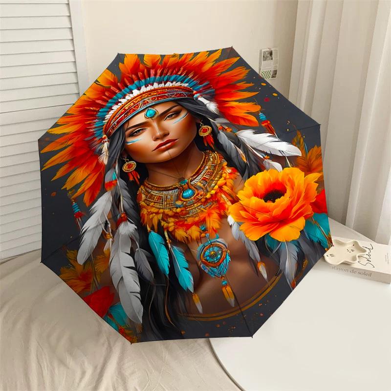 

1PC Native American, Feathered Headdress Automatic Open/Close Umbrella with Windproof, 8-Rib Sturdy Canopy, Durable Ribs, Fashionable Design1364A