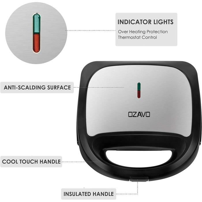 Ozavo 3 en 1 sandwich grill,sandwitch toaster,croque gaufre,appareil à croque-monsieur en acier inoxydable,750w,noir