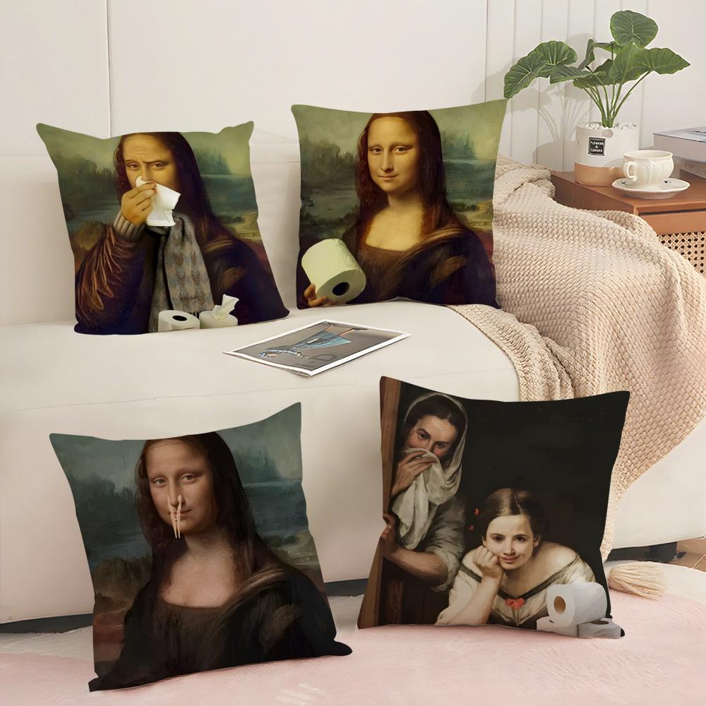 Mona Lisa Wearing Pearls Girl Cushion Cover Soft Short Plush Pillow Cover Smooth Cozy Texture Aesthetic Cushion Case Home Decor
