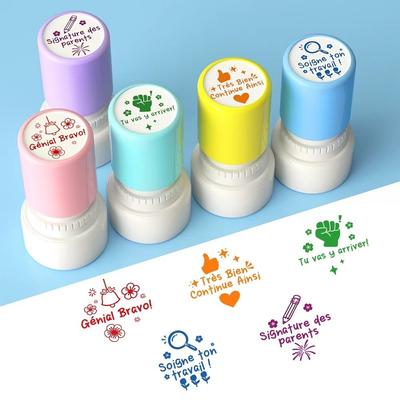 5Pcs/Set French Teacher Seal Stamp Round Automatic Inking Emotional Expression Stamp Praise Homework Correcting Stationery