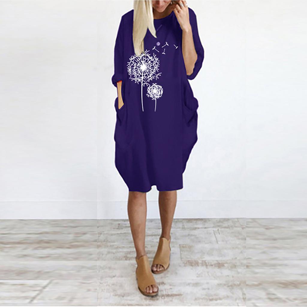 Women's Casual Loose Fit Pullover Dress with Round Neck and Pockets Featuring Printed Floral Design Comfortable Everyday Wear