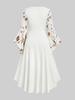 Rosegal Plus Size Flowers Print Lace Ruched Buckle Lace-up Flare Sleeves High Low Dress