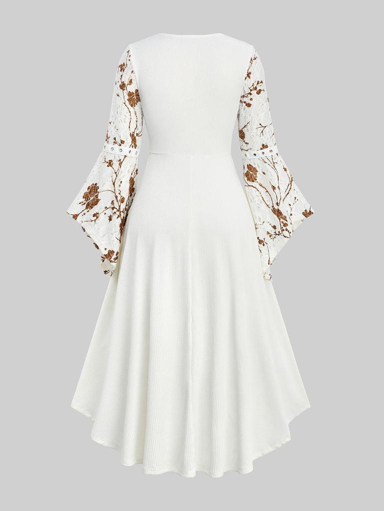 Rosegal Plus Size Flowers Print Lace Ruched Buckle Lace-up Flare Sleeves High Low Dress
