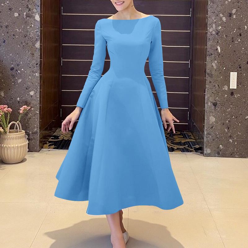 ZANZEA Women Casual Round Neck Solid Color Long Sleeve A-Line Dress