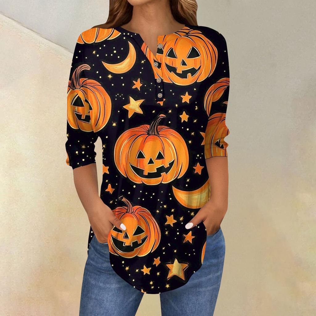 Women's Fashion Loose Button Collar Halloween Print Long Sleeve T-Shirt Top Pullover