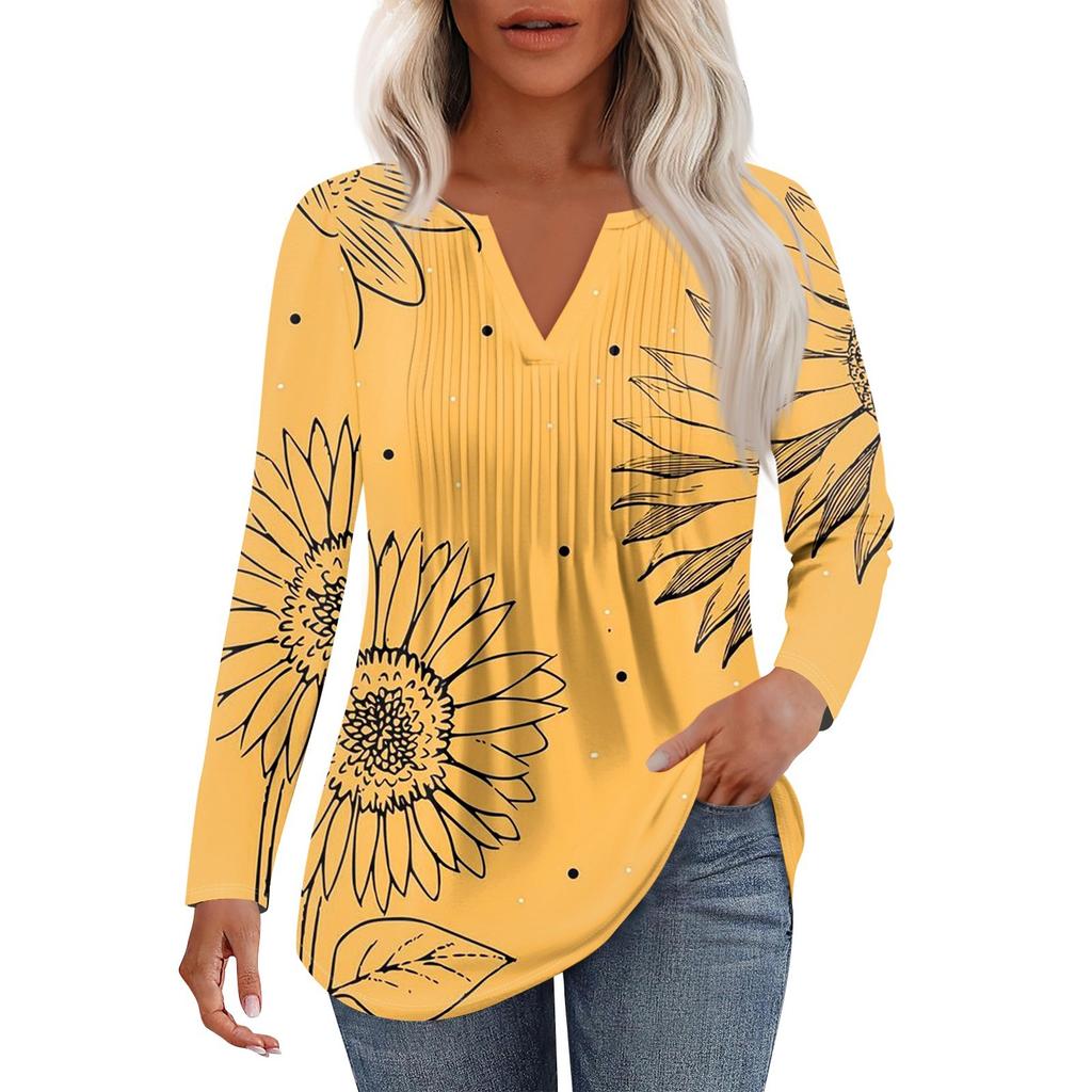 Dámská móda Ležérní Plisované Tričko s V výstřihem a Dlouhým Rukávem Elegantní Top