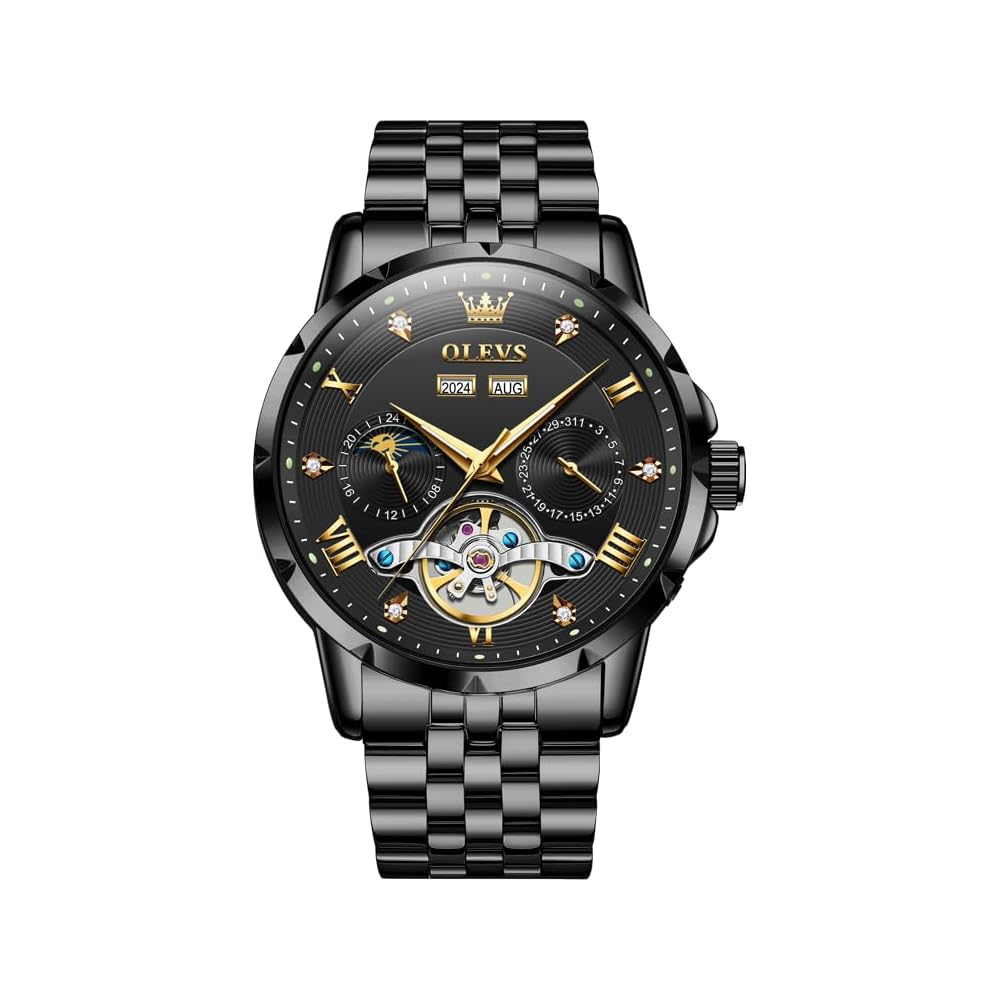 OLEVS Men s Automatic Mechanical Moon Phase Skeleton Watch Waterproof Black
